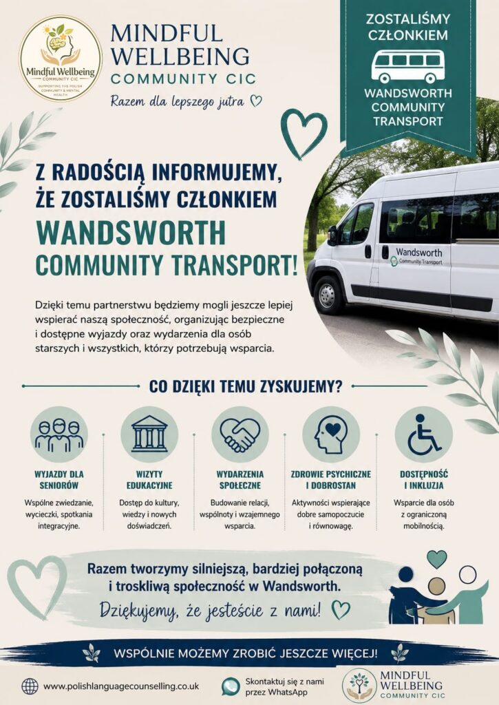 Poster explaining that Polish Language Psychological Counselling is now part of Wandsworth Community Transport