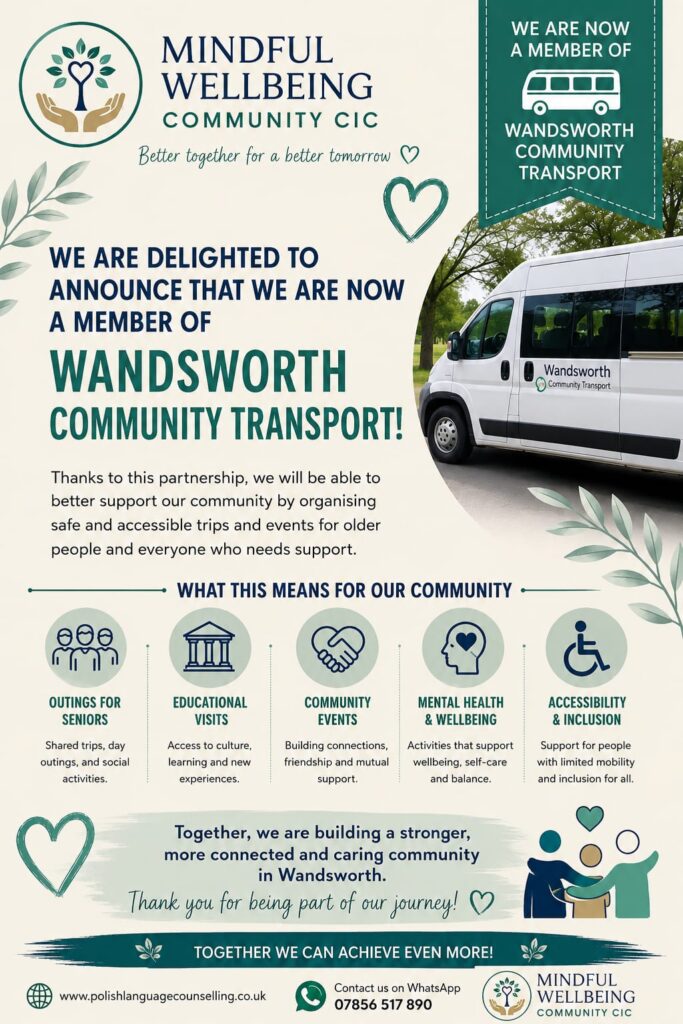 Poster explaining that Polish Language Psychological Counselling is now part of Wandsworth Community Transport